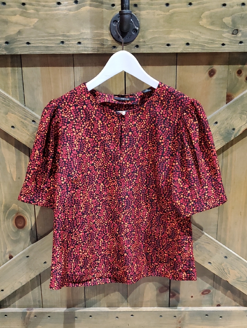 Scotch & Soda Red and Orange Floral Dot Puff-Sleeve Top